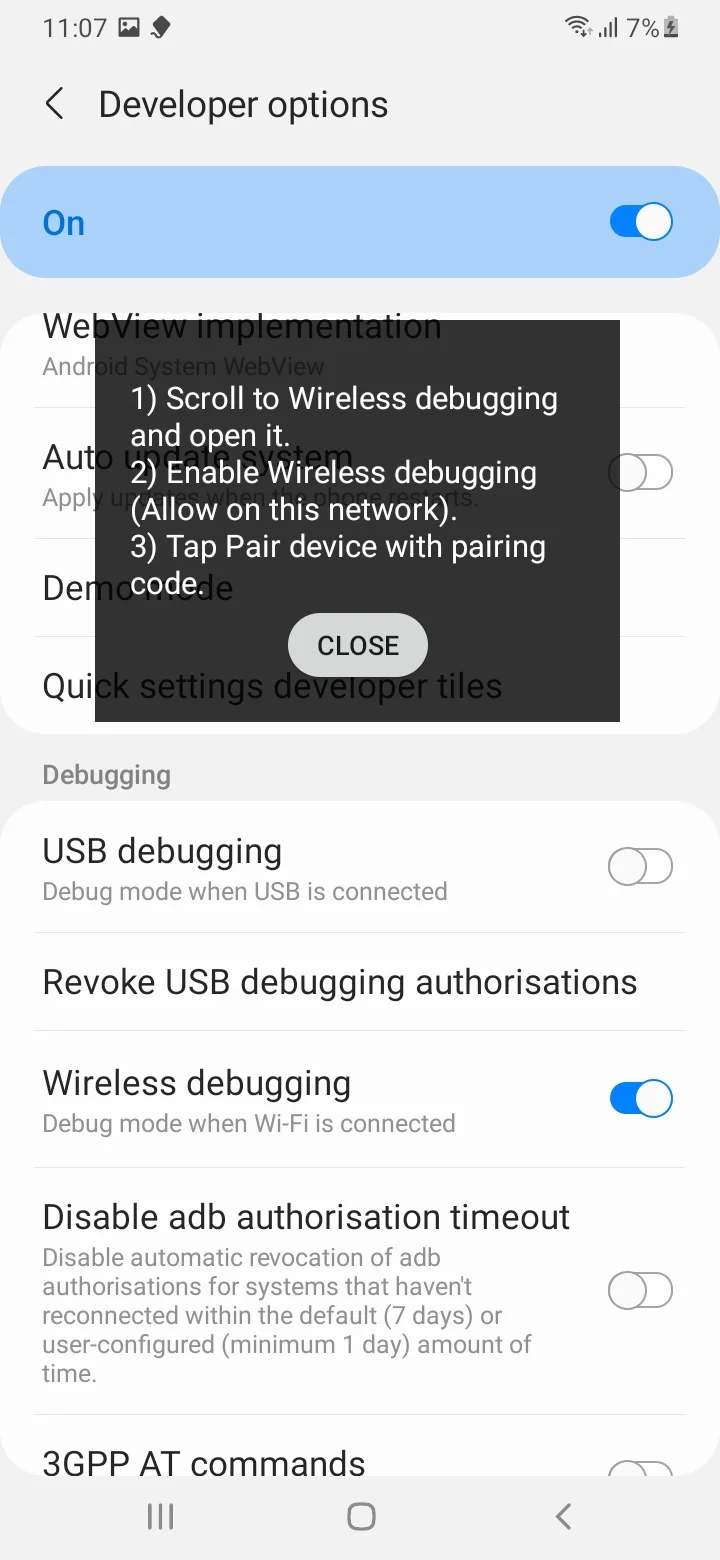 debug wireless menu
